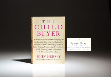 Inscribed by John Hersey, the first edition of The Child Buyer, published in 1960.