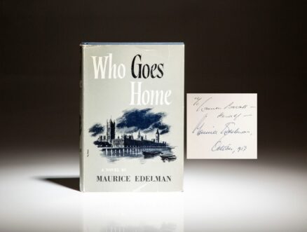 First edition of Who Goes Home by Maurice Edelman, inscribed to Mrs. Lauren Bacall