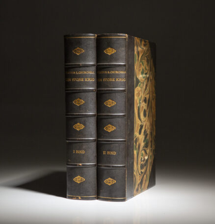 First Danish edition of Den Store Krig, The Great War, by Winston Churchill, in two deluxe three quarter leather bound volumes.