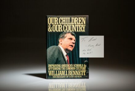 Signed first edition of Our Children and Our Country by William J. Bennett, inscribed to Bill Safire.