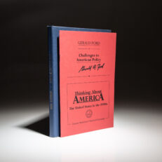 Challenges to American Policy, Gerald Ford's contribution to Thinking About America: The United States in the 1990s, by Annelise Anderson and Dennis Bark, signed by Ford on the cover.