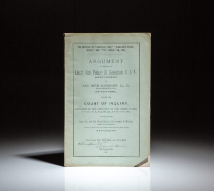 The case of Major-General Gouverneur K. Warren before a Court of Inquiry, regarding the battles of "Gravelly Run," "Dinwiddie Court-House," and "Five Forks," signed by General Philip Sheridan.