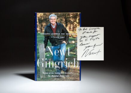 First edition of Lessons Learned the Hard Way, signed by Speaker of the House Newt Gingrich to Representative Bob Livingston.