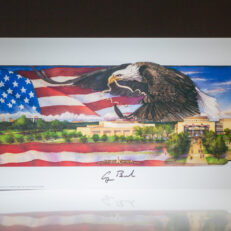 Benjamin Knox Eagle Print of the George Bush Presidential Library, signed by President George H.W. Bush.