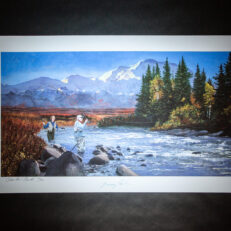 Limited edition print of President Jimmy Carter and Rosalynn Carter fly fishing in Alaska.