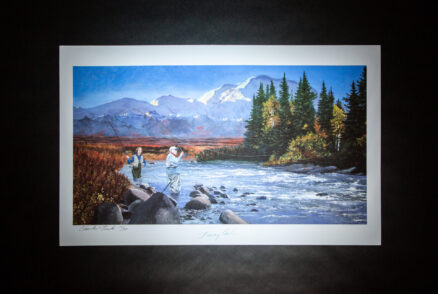 Limited edition print of President Jimmy Carter and Rosalynn Carter fly fishing in Alaska.