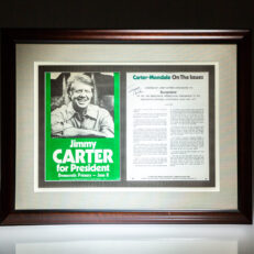 Campaign flyer titled Jimmy Carter for President and Carter's Democratic nomination speech, both published in 1976, framed and signed by President Jimmy Carter.