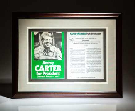 Campaign flyer titled Jimmy Carter for President and Carter's Democratic nomination speech, both published in 1976, framed and signed by President Jimmy Carter.