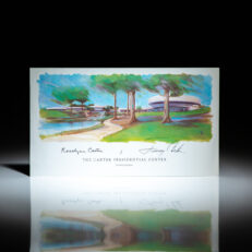 Color illustrated print of The Carter Presidential Center, signed by President Jimmy Carter and First Lady Rosalynn Carter.