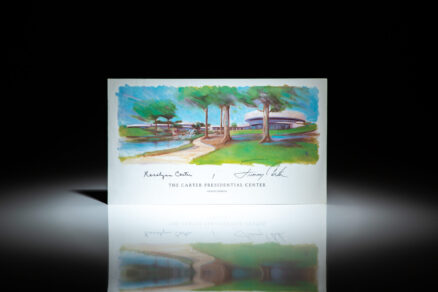 Color illustrated print of The Carter Presidential Center, signed by President Jimmy Carter and First Lady Rosalynn Carter.