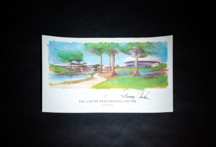 Color illustrated print of The Carter Presidential Center, signed by President Jimmy Carter.