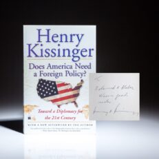 The first Touchstone edition of Does America Need a Foreign Policy? by former Secretary of State Henry Kissinger, inscribed to Emirati businessman and entrepreneur, Mohamed A. Alabbar.