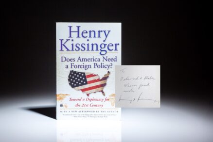 The first Touchstone edition of Does America Need a Foreign Policy? by former Secretary of State Henry Kissinger, inscribed to Emirati businessman and entrepreneur, Mohamed A. Alabbar.