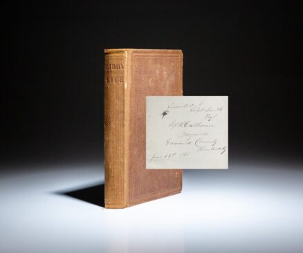 Originally published in 1864 by King & Baird of Philadelphia, this edition of Libby Life by Lieut.-Colonel F.F. Cavada was published the following year by J.B. Lippincott & Co. This copy is inscribed on the front free endpaper by fellow prisoner of war Alfred R. Calhoun.