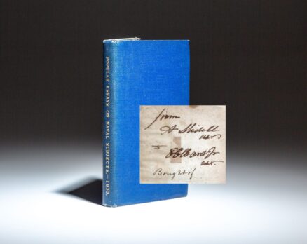 Signed first edition of Popular Essays on Naval Subjects by Alexander Slidell Mackenzie, from the personal collection of Charles E. Lauriat, Jr., a survivor of the sinking of the Lusitania.