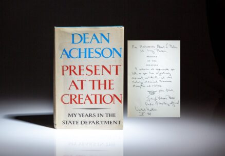 Presentation copy of Present at the Creation by Dean Acheson, inscribed to U.S. Ambassador to the United Nations, Edward J. Perkins.