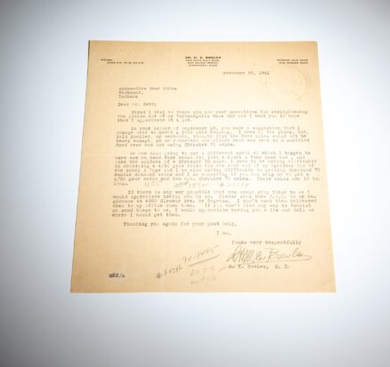 Letter from Dr. M.E. Bowles to Automotive Gear Works, offering thanks for their work on his Indianapolis Race Car.