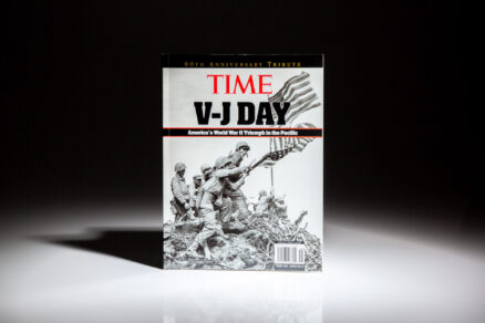 Signed by Dutch Van Kirk, navigator of the Enola Gay, the Time Magazine 60th Anniversary Tribute to V-J Day: America's World War II Triumph in the Pacific.