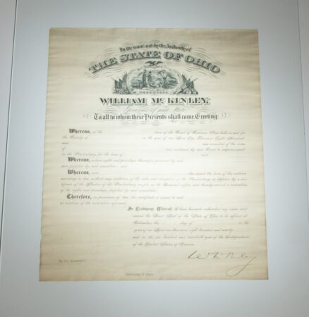 Proclamation restoring the rights and privileges of a convicted prisoner, signed by Ohio Governor William McKinley.