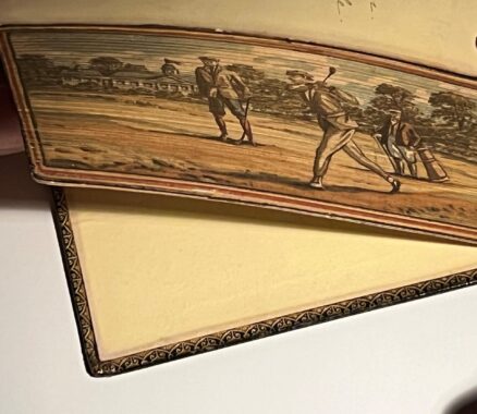 Thirteenth edition of Proverbial Philosophy by Martin F. Tupper, with a fore-edge painting depicting a golfing scene.