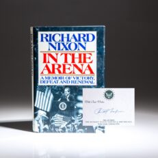 First edition of In the Arena: A Memoir of Victory, Defeat, and Renewal, signed by President Richard Nixon on library bookplate.