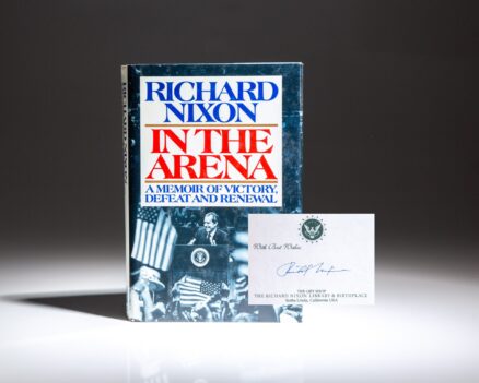 First edition of In the Arena: A Memoir of Victory, Defeat, and Renewal, signed by President Richard Nixon on library bookplate.