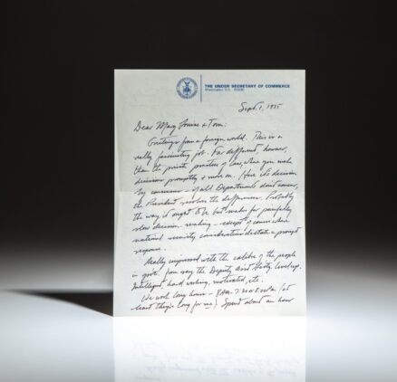 Handwritten letter from James A. Baker III, the Undersecretary of Commerce to Rev. J. Thomas Bagby, the head of St. Martin's Episcopal Church in Houston. Baker was a member of the church, along with President George H.W. Bush and Barbara Bush.