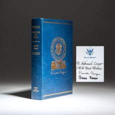 Signed copy of Speaking My Mind: Selected Speeches by President Ronald Reagan, in the publisher's deluxe leather binding. This copy is signed on a presidential bookplate.