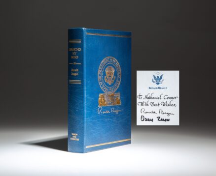 Signed copy of Speaking My Mind: Selected Speeches by President Ronald Reagan, in the publisher's deluxe leather binding. This copy is signed on a presidential bookplate.