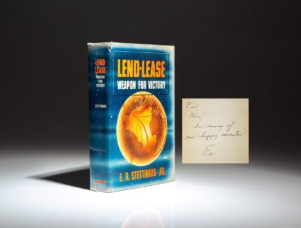 First edition of Lend-Lease: Weapon for Victor by Secretary of State Edward Stettinius Jr., inscribed to Kermit "Kim" Roosevelt, the grandson of President Theodore Roosevelt.