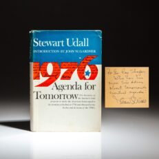 First edition of 1976: Agenda for Tomorrow by Stewart Udall, inscribed to the Governor of Pennsylvania, Raymond P. Shader.