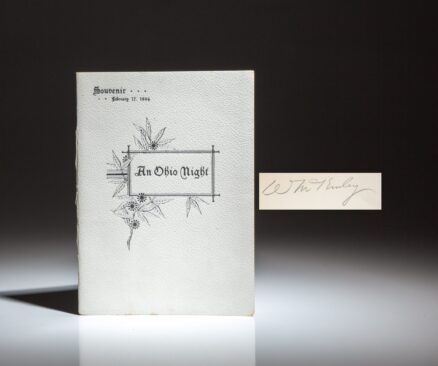 Souvenir monograph signed by Ohio Gov. William McKinley, An Ohio Night: Proceedings Of The Ohio Society Of New York, February 13, 1893. This monograph was presented to members of the Ohio Society at the following years dinner, where Gov. William McKinley was the featured speaker at the occasion.