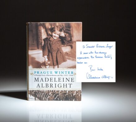 Inscribed to Senator Richard Lugar, the first edition of Prague Winter by Madeleine Albright.