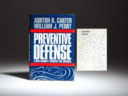 Inscribed to Senator Richard Lugar, the first edition of Preventive Defense by Ash Carter and Billy Perry.