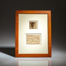 Signed passport photograph of Jack London and a handwritten note from London to Bernice Piilani Irwin.