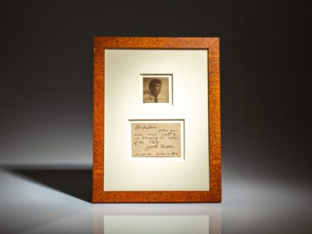 Signed passport photograph of Jack London and a handwritten note from London to Bernice Piilani Irwin.