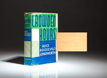 First edition of Crowded Hours by Alice Roosevelt Longworth, from the private library of American activist Margaret Sanger.