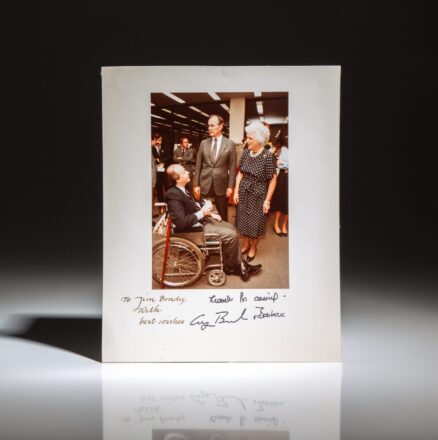 White House photograph of Vice President George H.W. Bush and Barbara Bush, visiting with the White House Press Secretary James Brady. Brady was permanently disabled during the attempted assassination of Ronald Reagan in 1981.