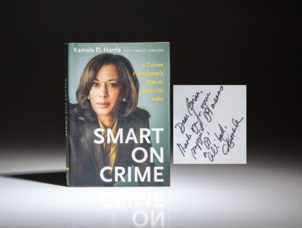 First edition of Smart On Crime: A Career Prosecutor's Plan to Make Us Safer, signed by future Vice President Kamala Harris.